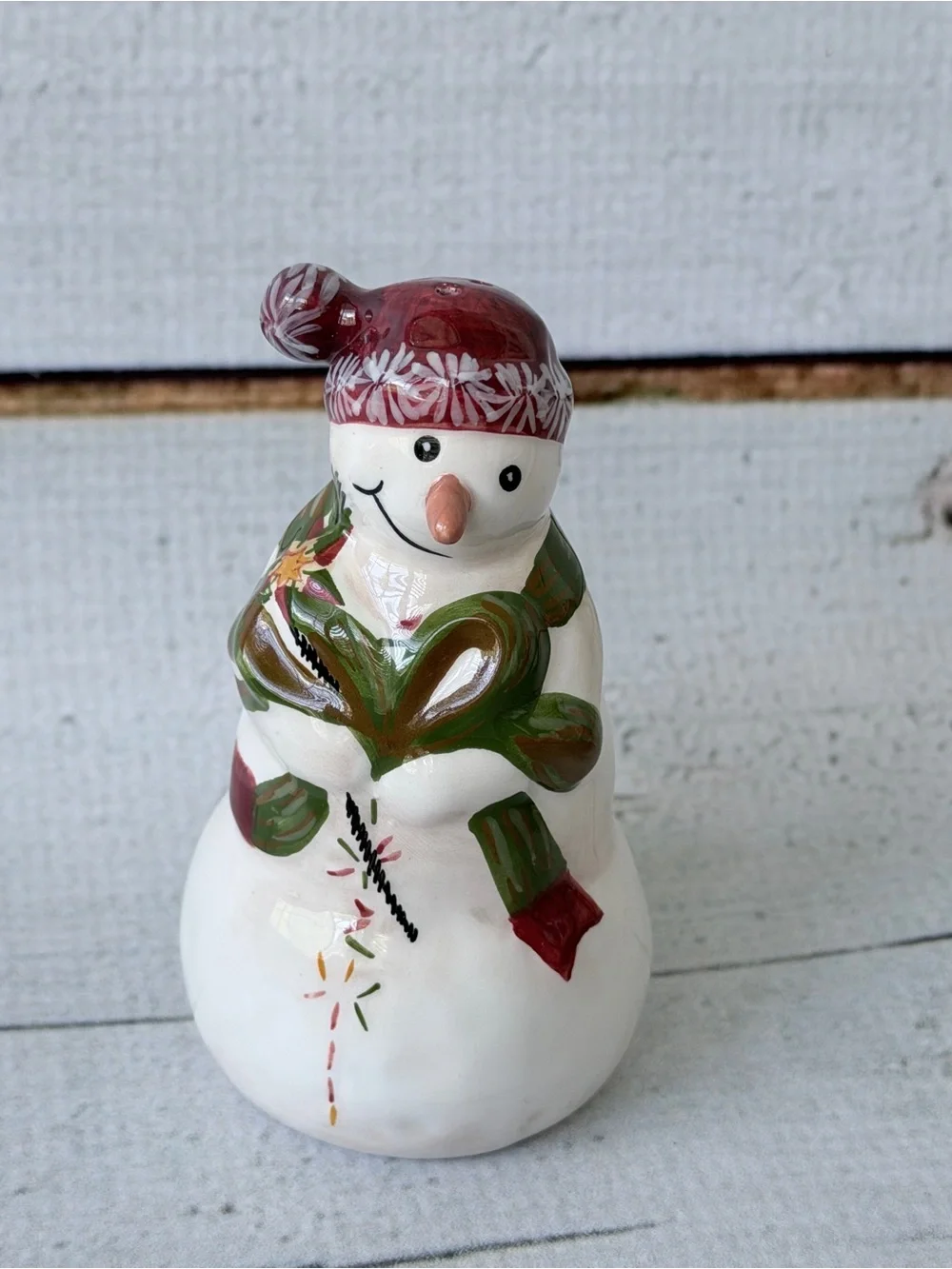 Vintage Ceramic Snowman Christmas Salt & Pepper Shakers Set with Base Tray